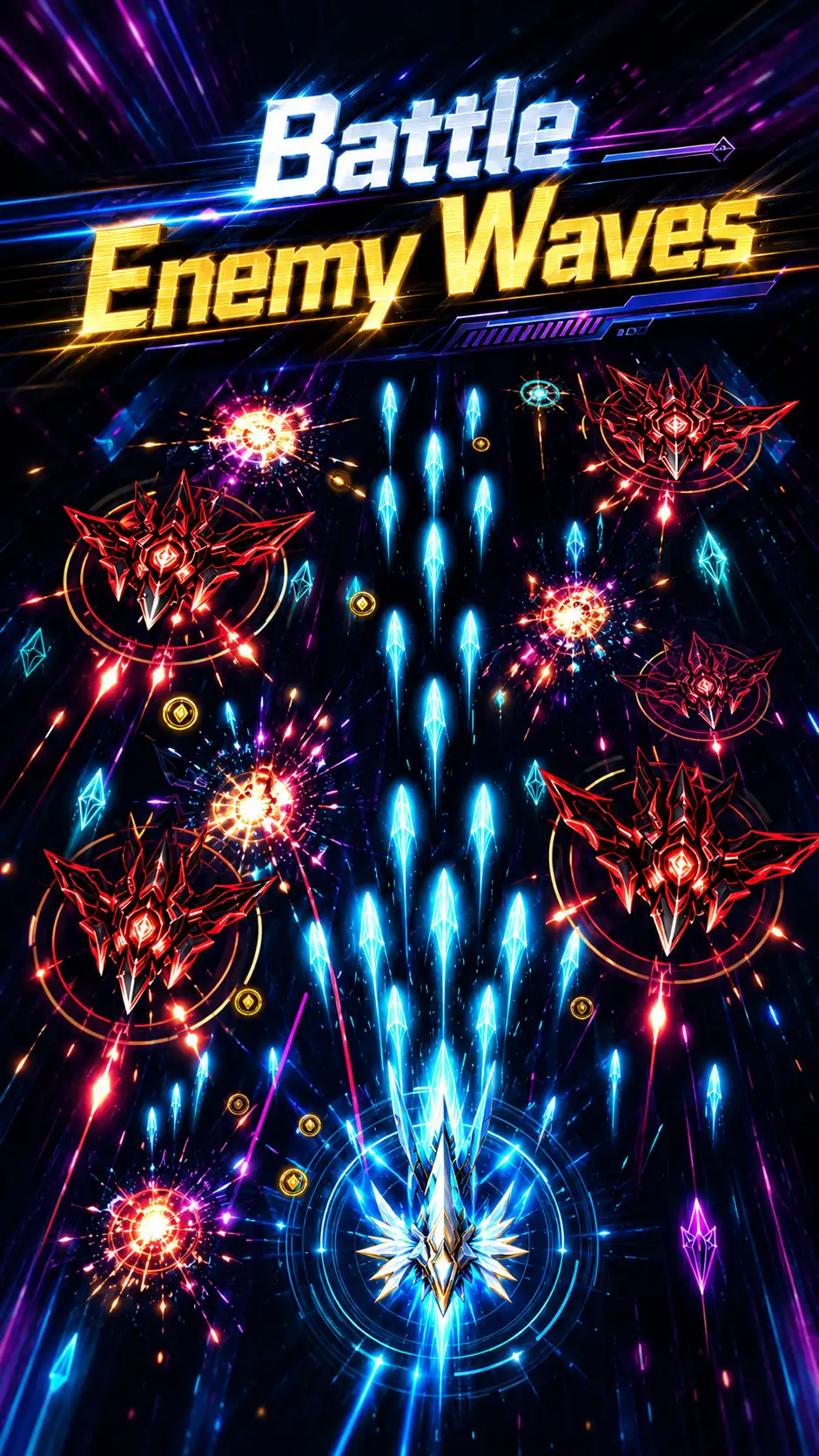 Neon Fold store listing artwork titled Battle Enemy Waves with a ship fighting red enemy formations.