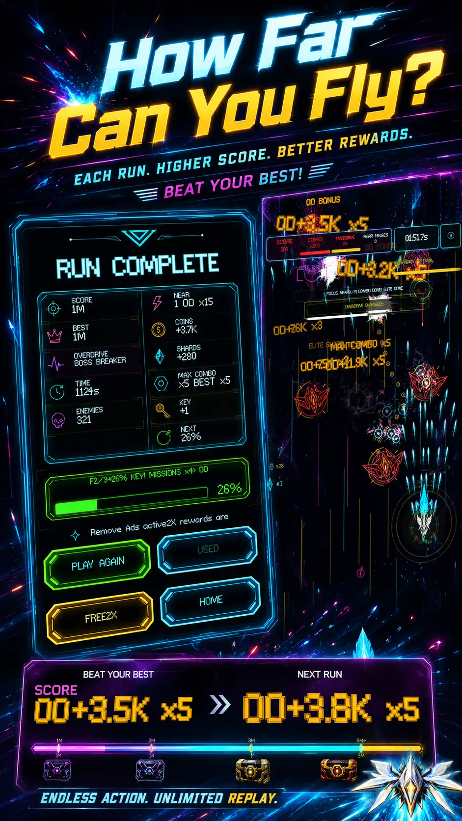 Neon Fold store listing artwork titled How Far Can You Fly with run complete stats and score progression.