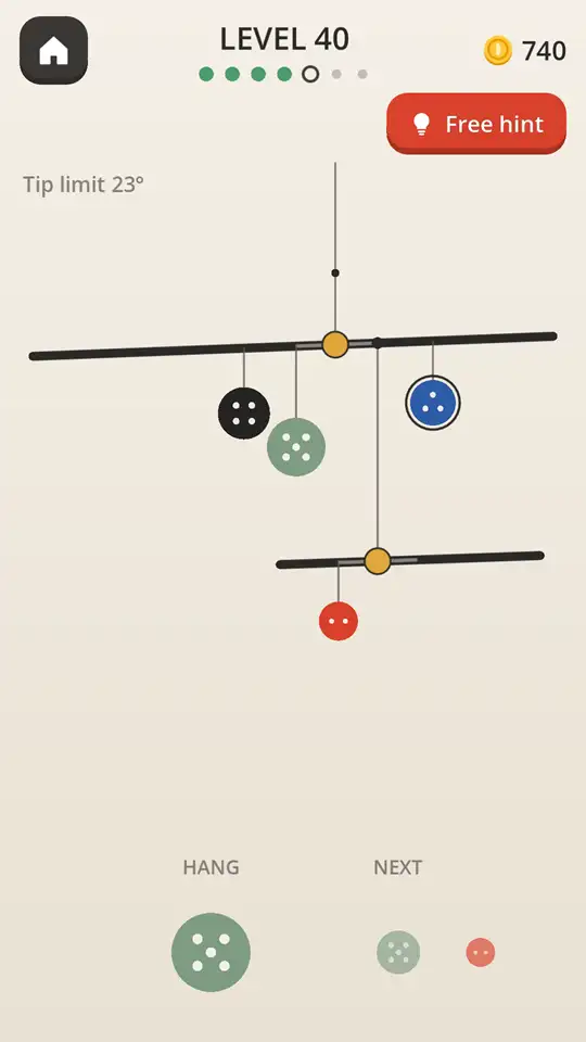 Hangwise level 40: a long top bar holding black and sage discs and a ringed blue fixed piece, a second bar hanging from it as a branch with a red disc, a 23° tip limit, a Free hint button, and a large sage piece waiting to hang with two more queued next.