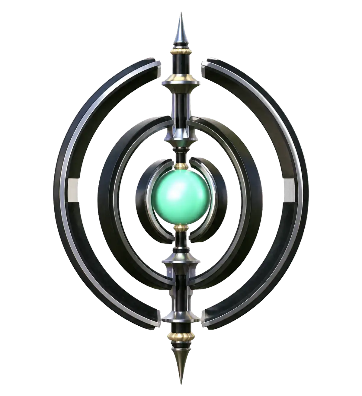 A floating communication sculpture of open silver rings orbiting a mint pearl.