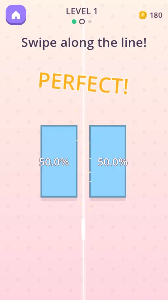 Dead Even level screen where one swipe splits a blue rectangle into two 50.0% halves, graded PERFECT.