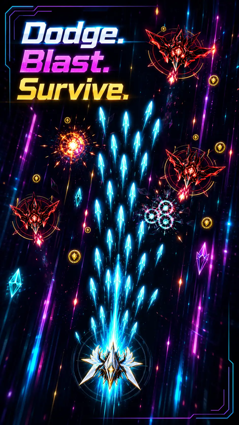 Neon Fold store listing artwork titled Dodge. Blast. Survive. with a white neon ship firing at red enemies.