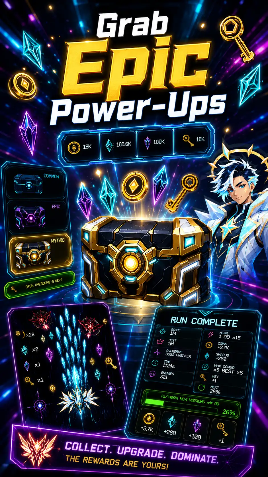 Neon Fold store listing artwork titled Grab Epic Power-Ups with chests, keys, rewards, and run results.