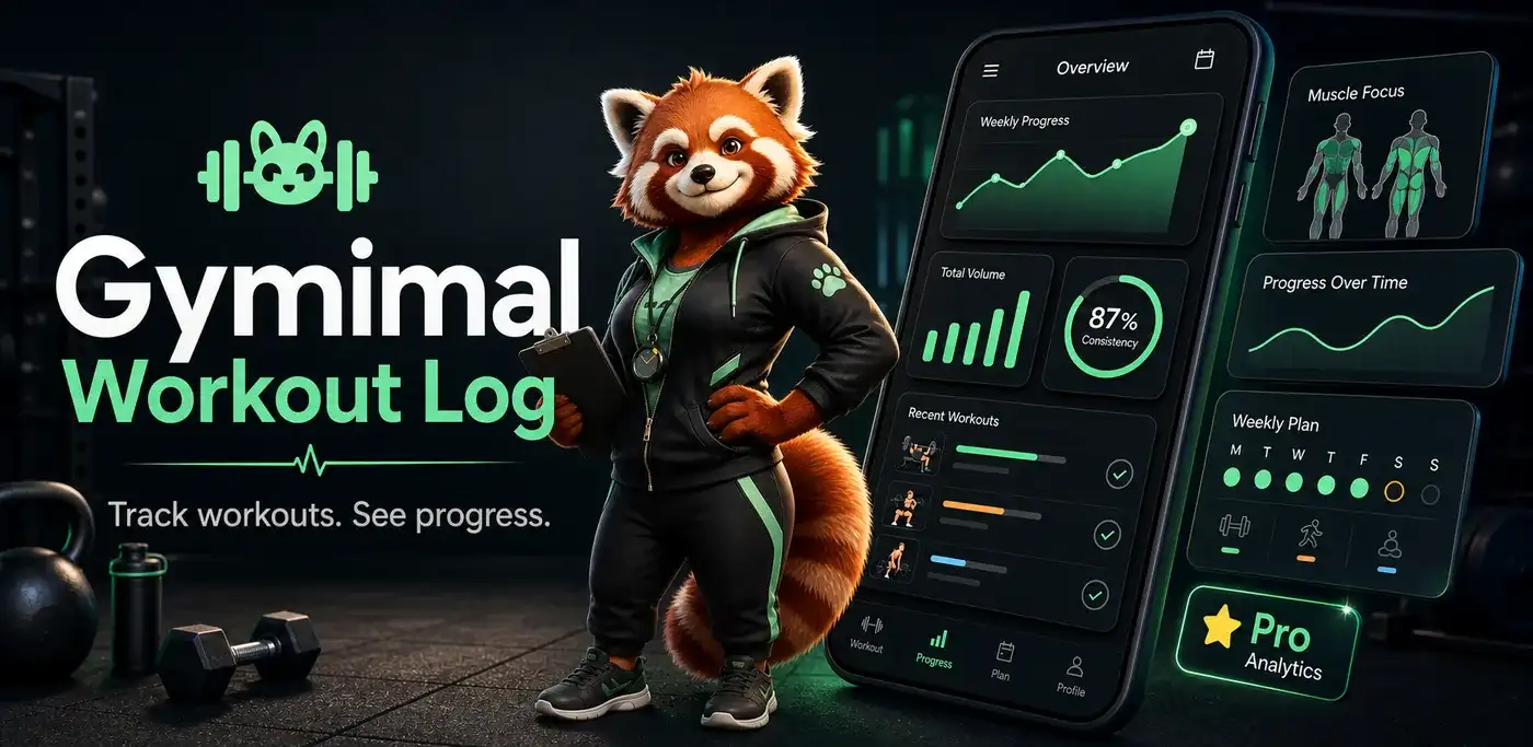 Gymimal feature banner with the red panda trainer and workout progress screens.