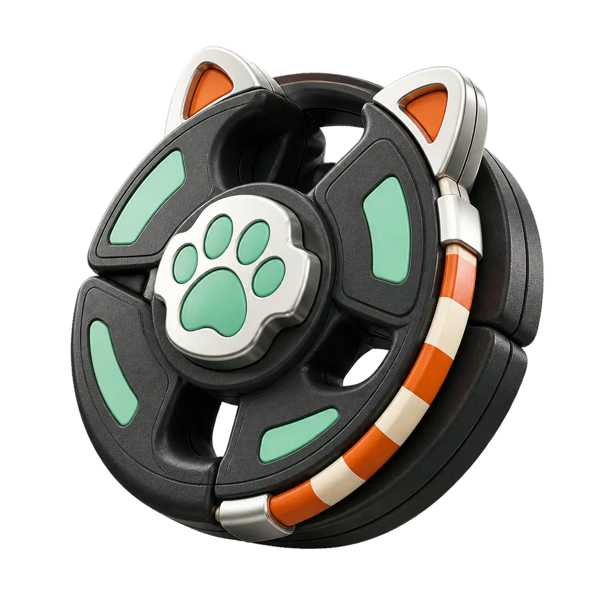 A playful workout weight sculpture with a paw center, animal ears, and a striped red-panda accent.