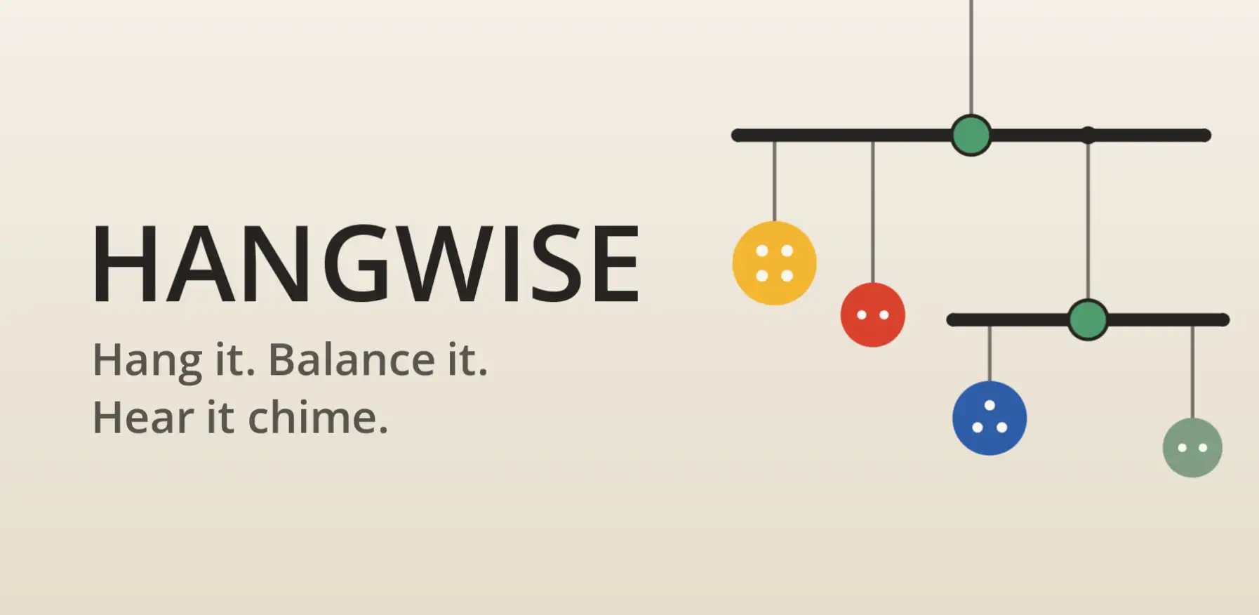 Hangwise feature graphic: the HANGWISE wordmark and the line "Hang it. Balance it. Hear it chime." on warm paper, beside a two-tier art mobile hanging level with yellow and red discs on the top bar and blue and sage discs on a shorter bar below.