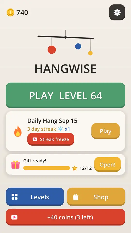 Hangwise home screen with a red, blue, and yellow mobile above the HANGWISE wordmark, a Play Level 64 button, the Daily Hang for Sep 15 on a 3-day streak with one streak freeze, a gift ready at 12 of 12 stars, Levels and Shop buttons, and a +40 coins video button with 3 left.