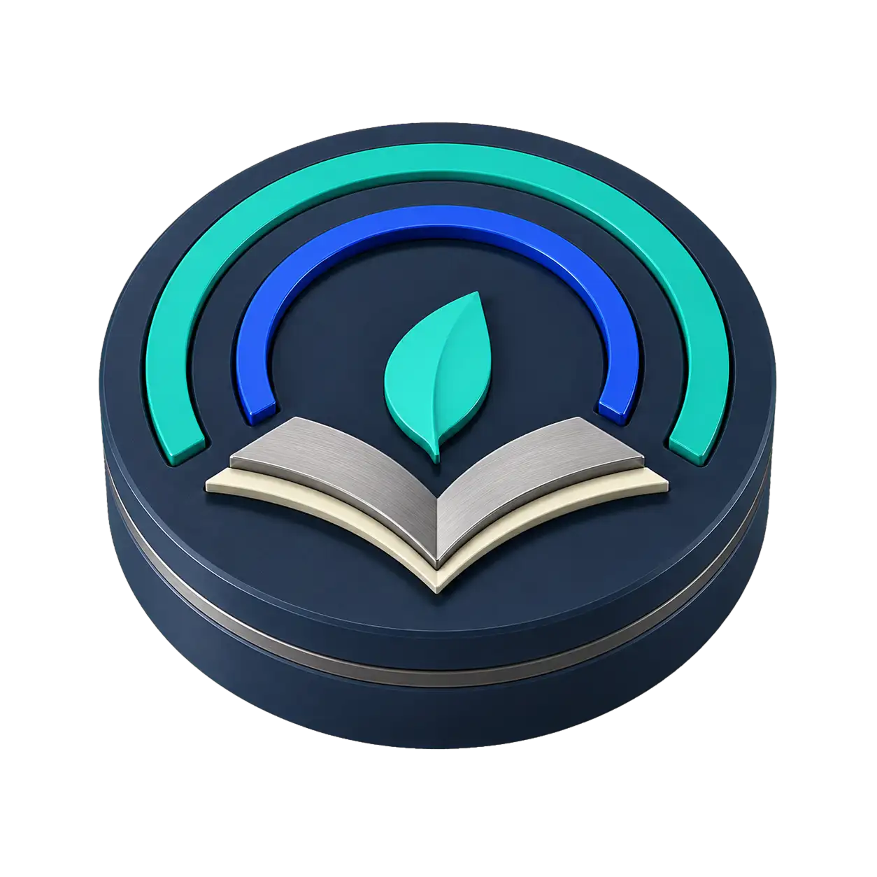 A calm focus timer with turquoise progress arcs, an open study-book form, and a mint leaf marker.