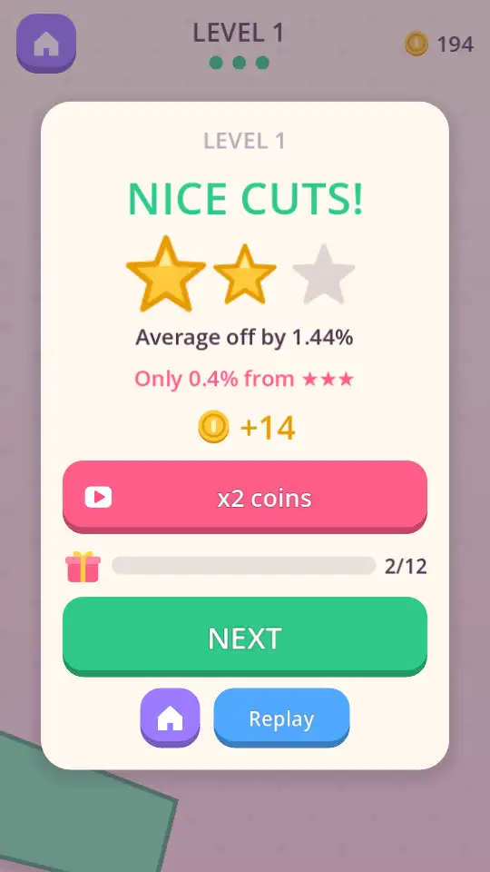 Dead Even level results card with two stars, the average cut error, earned coins, and an optional double-coins video.
