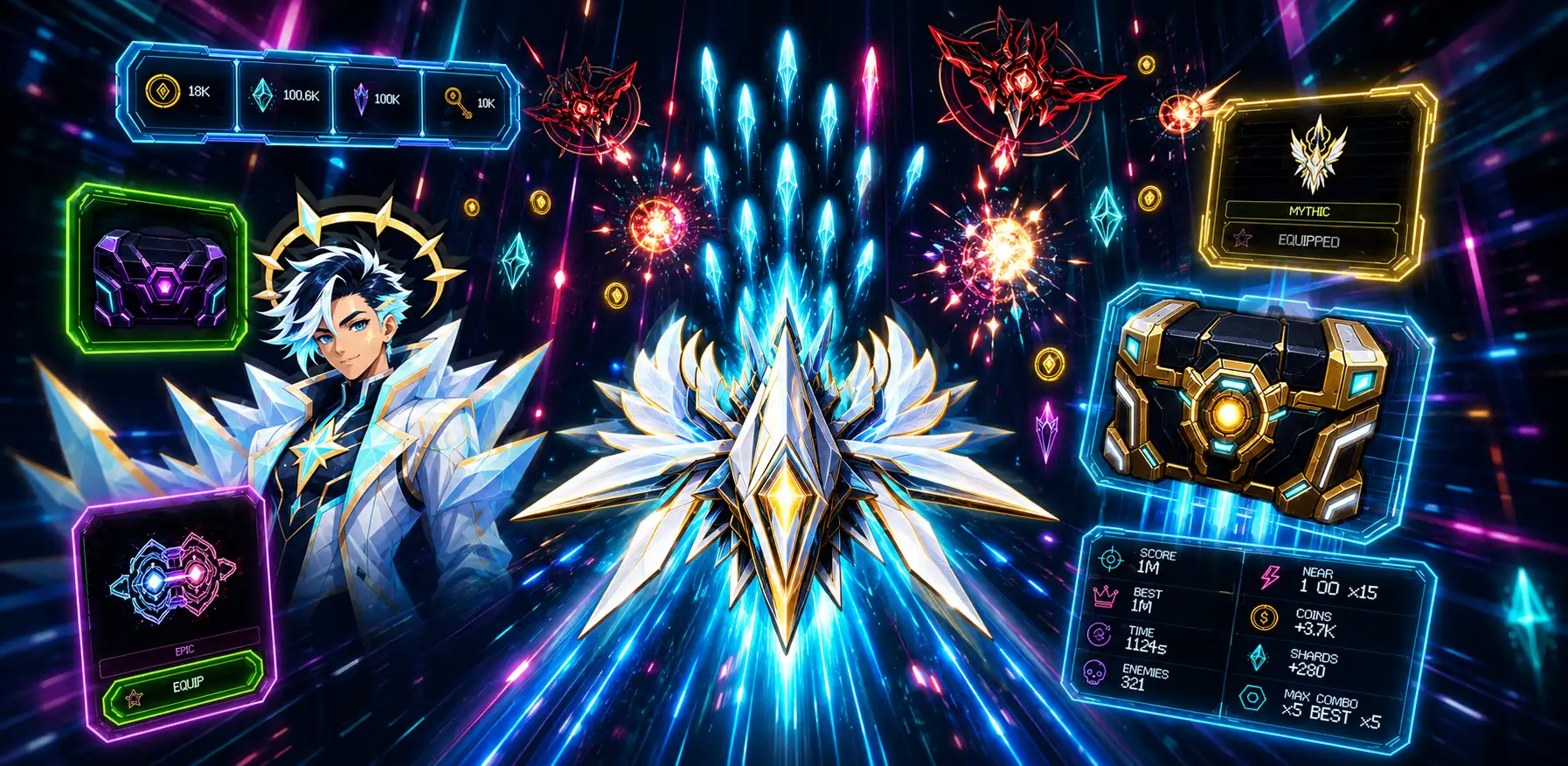 Neon Fold Play Store feature graphic with an Angel Fold ship, rewards, chests, enemies, and neon progression panels.