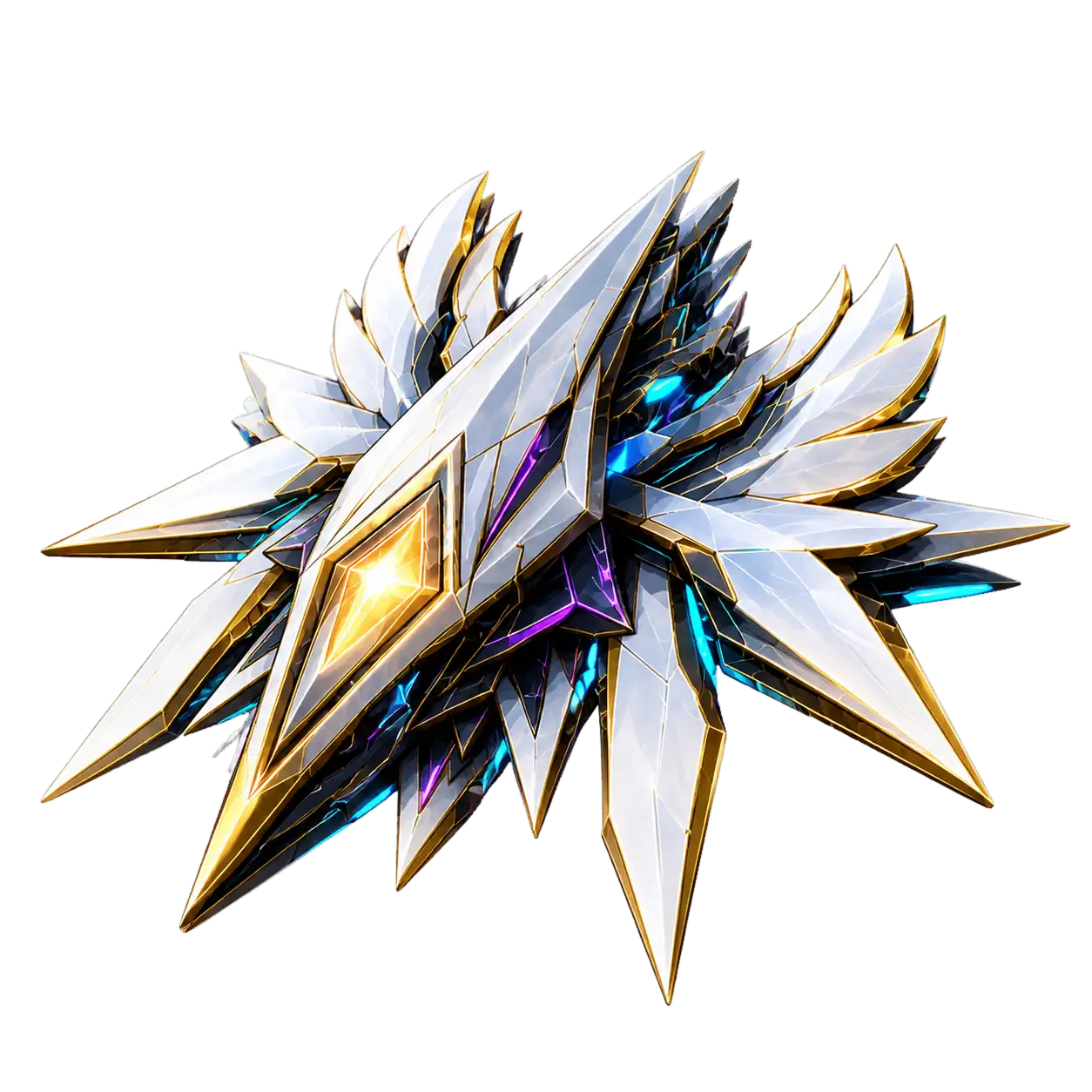 A folded white-and-gold arcade craft with cyan and violet energy seams.