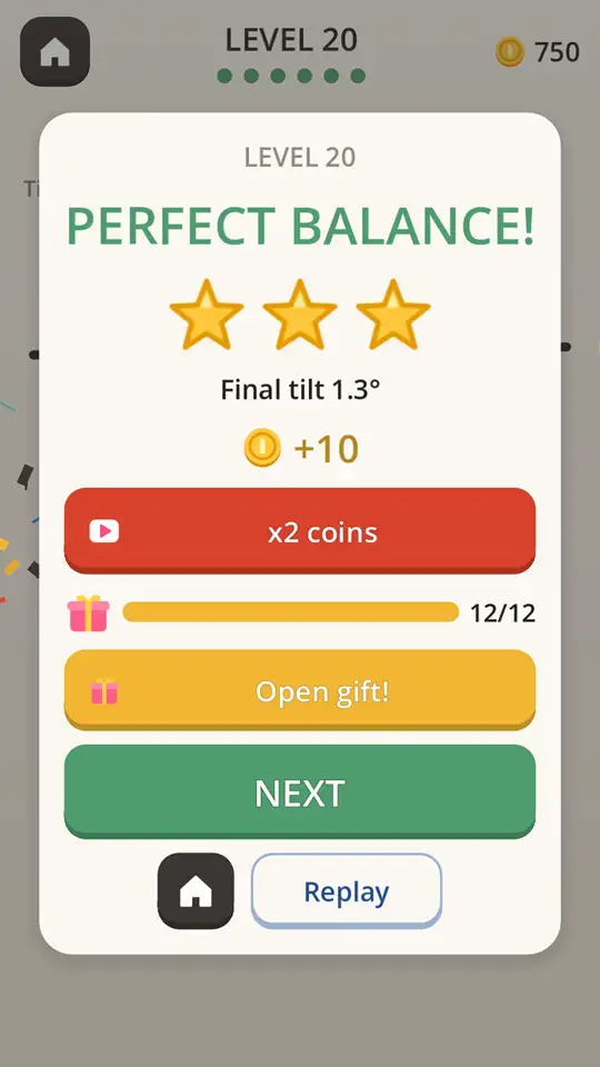 Hangwise level 20 result card reading PERFECT BALANCE! with three gold stars, a final tilt of 1.3°, +10 coins, an x2 coins video button, a full gift bar with Open gift!, and Next, Home, and Replay buttons.