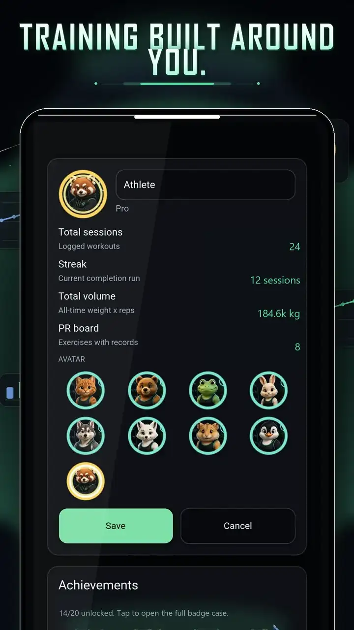 Gymimal profile screen with training stats and avatar progress.