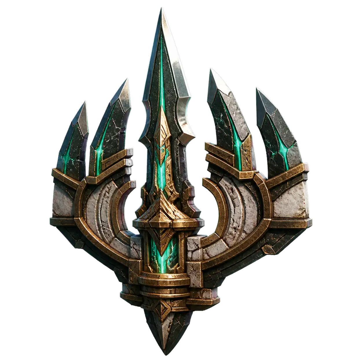 A storm-lit ceremonial spear relic built from dark stone, silver, and antique gold.