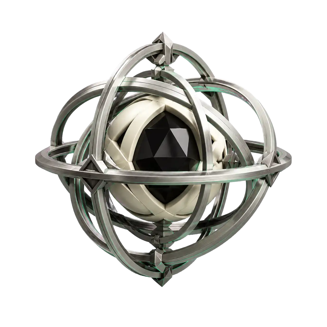A floating obsidian studio core held by sculpted silver orbital rings.