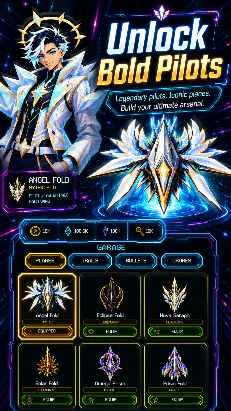 Neon Fold store listing artwork titled Unlock Bold Pilots with the Angel Fold plane and garage cards.