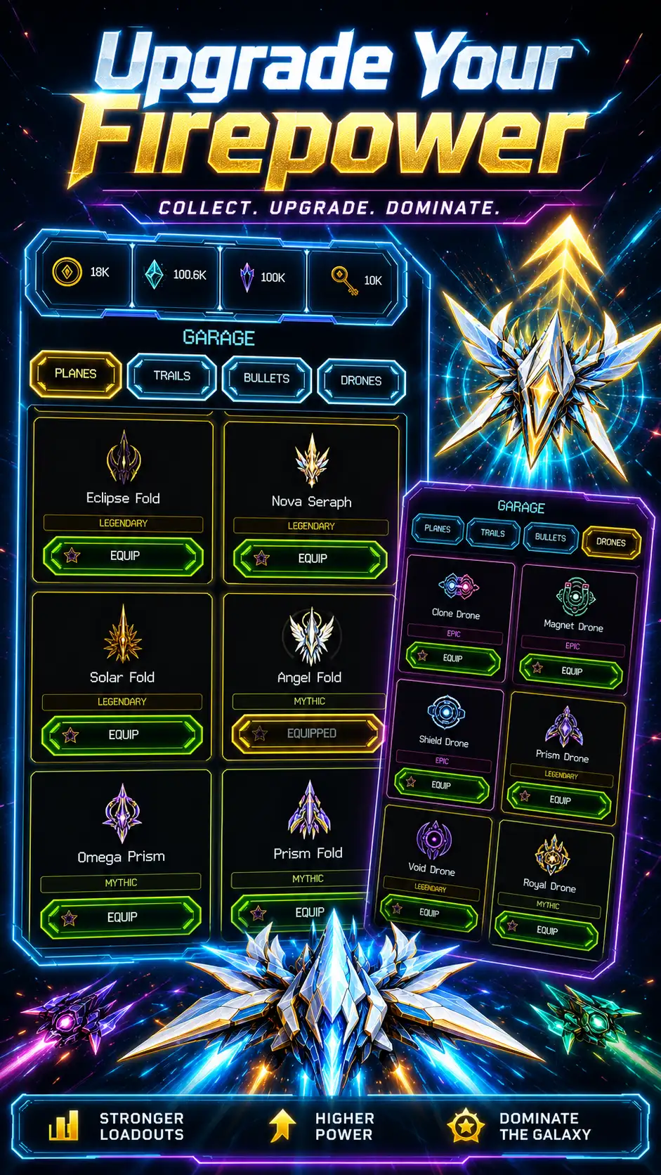 Neon Fold store listing artwork titled Upgrade Your Firepower with planes, drones, and stronger loadouts.