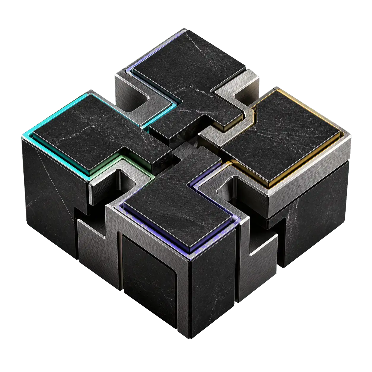 Four interlocking obsidian project prisms floating as one sculptural vault object.