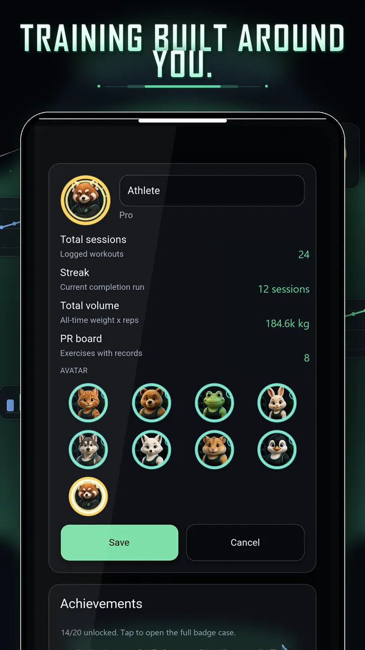 Gymimal profile screen with training stats and avatar progress.