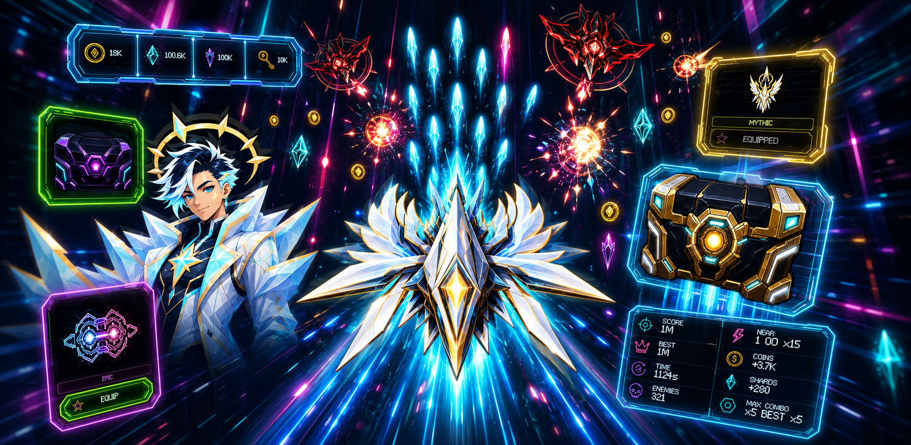 Neon Fold store feature graphic with an Angel Fold ship, rewards, chests, enemies, and progression panels.