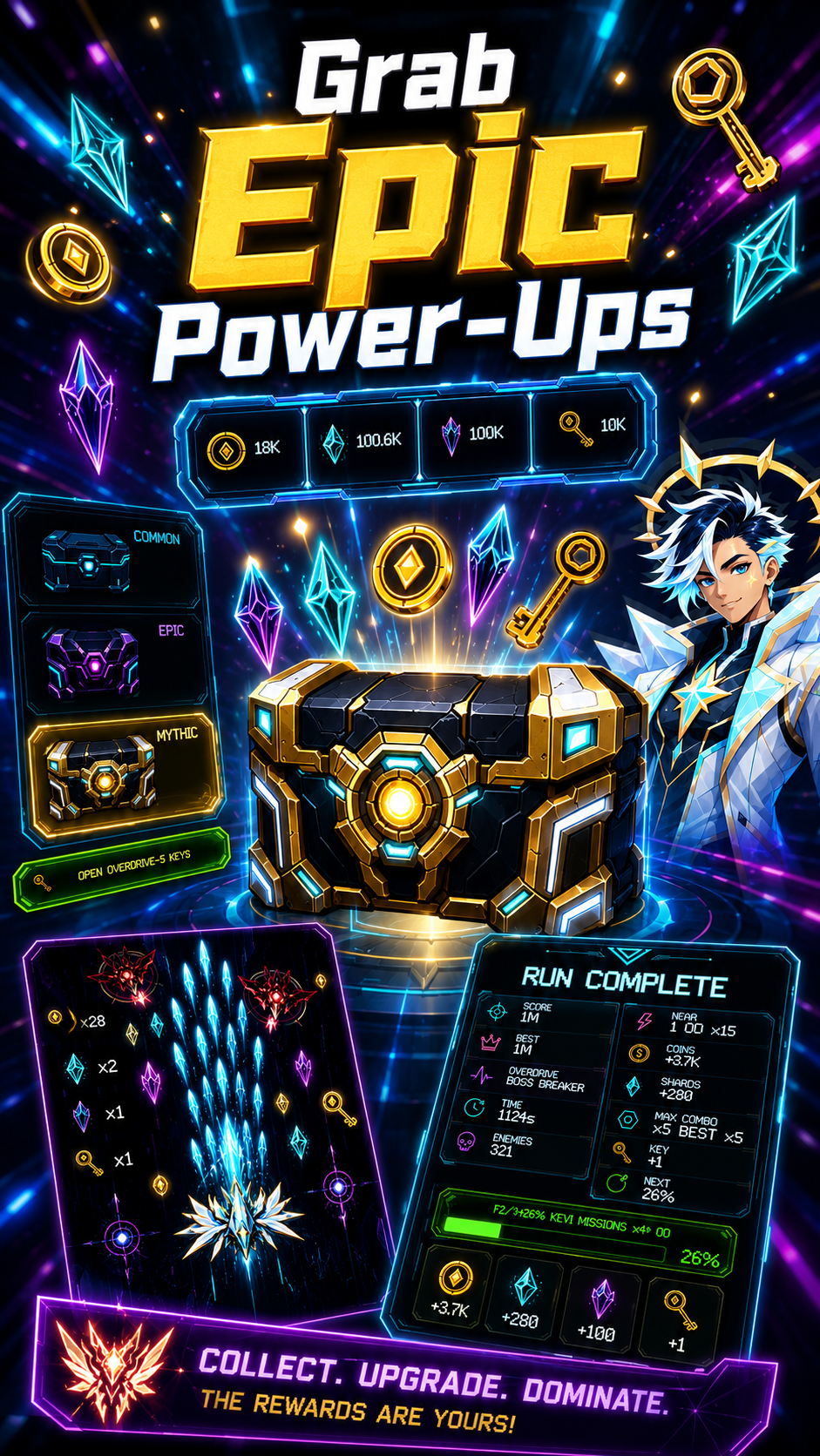 Neon Fold store listing artwork titled Grab Epic Power-Ups with chests, keys, rewards, and run results.