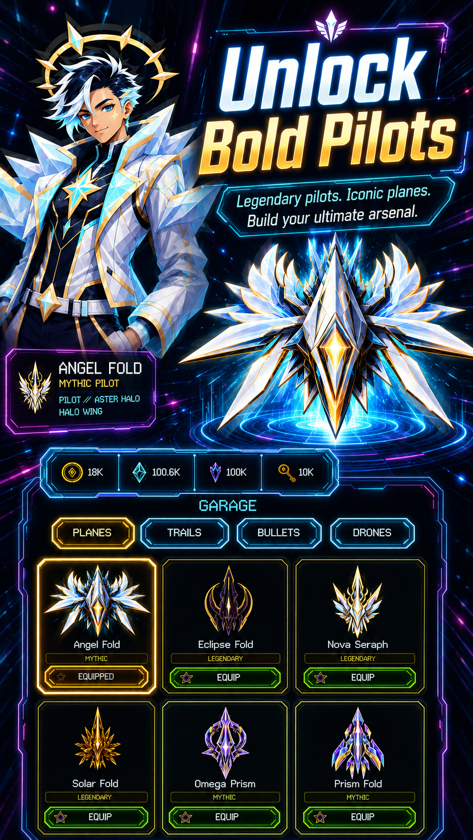 Neon Fold store listing artwork titled Unlock Bold Pilots with the Angel Fold plane and garage cards.