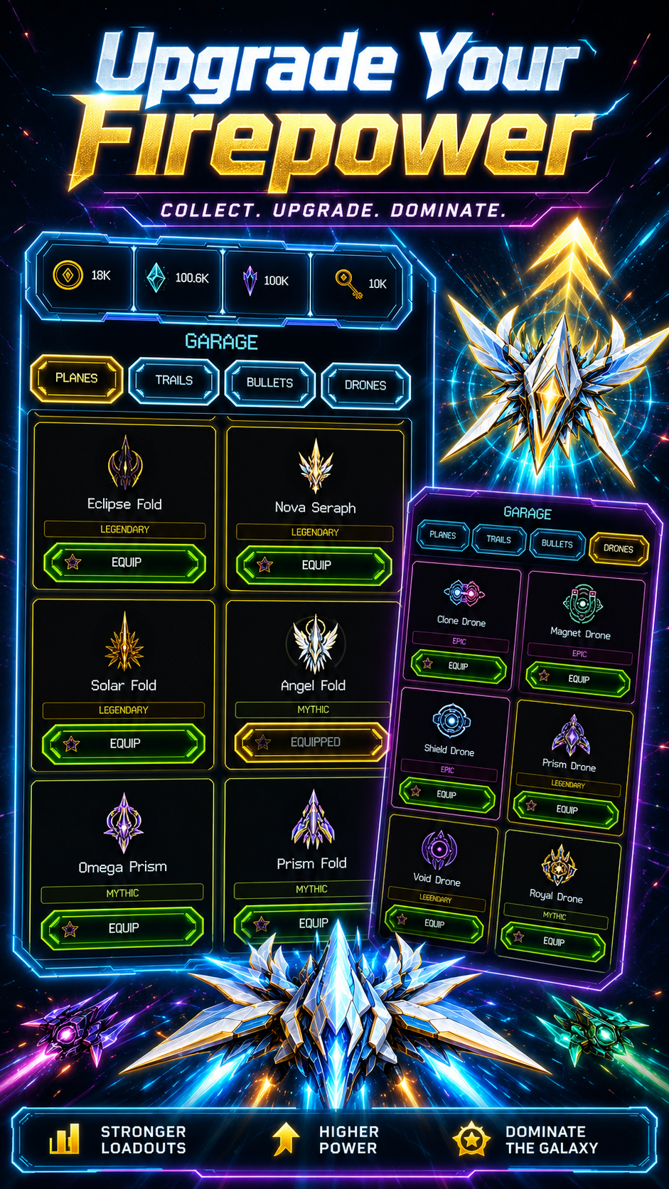 Neon Fold store listing artwork showing the garage, planes, drones, and firepower upgrades.